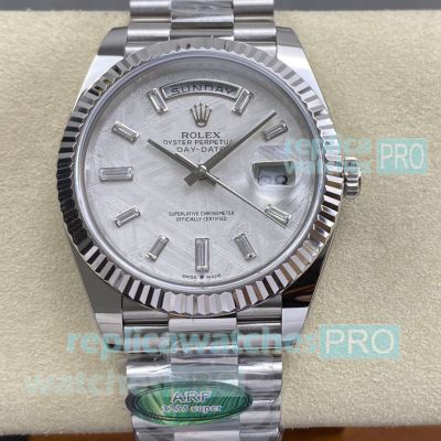 ARF 1-1 Replica Rolex Day-Date Silver Baguette Dial 40mm Stainless Steel Watch 